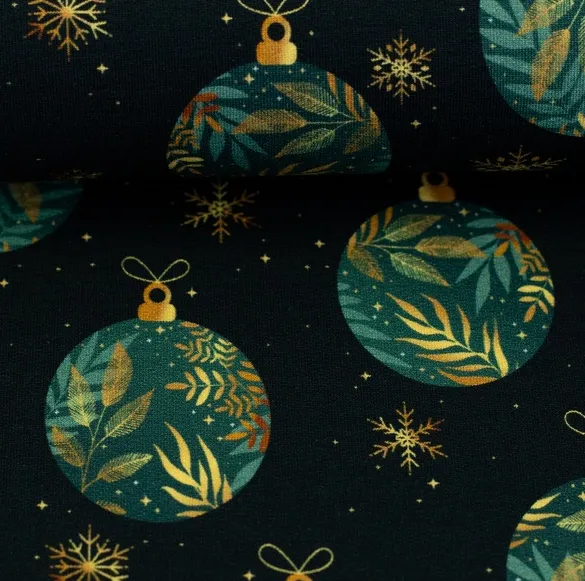 Gebrushte sweaterstof donkerblauw met kerstballen